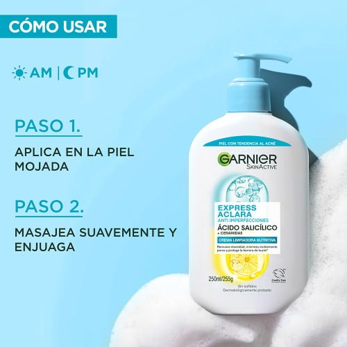 Modo de uso Garnier Gel Limpiador Anti Imperfecciones: aplicar sobre piel húmeda, masajear suavemente y enjuagar por la mañana y noche.